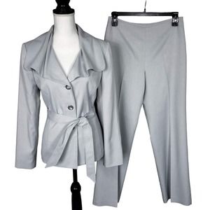Isabella Light Gray Suit Shawl Collar Belted Jacket & Straight Leg Pants Size 8